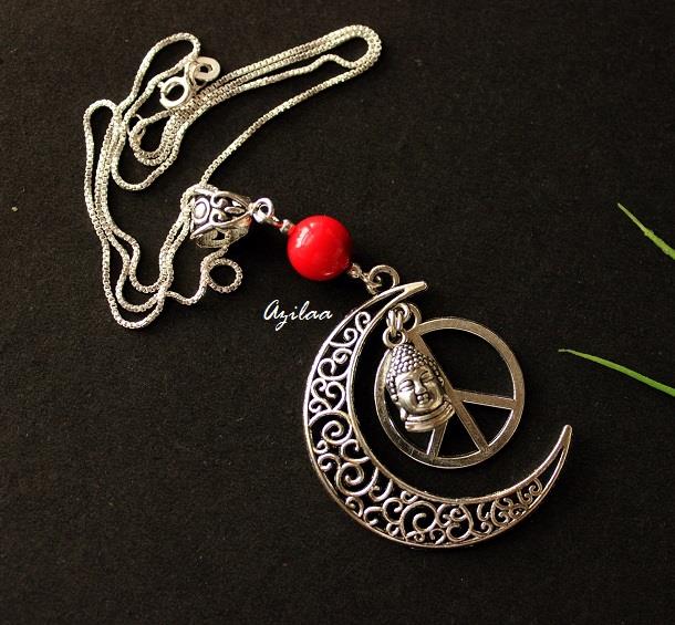 Buddha peace coral charm moon pendant silver necklace