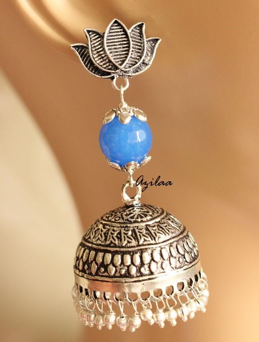 Blue Antique Ethnic Lotus stud jhumki earrings
