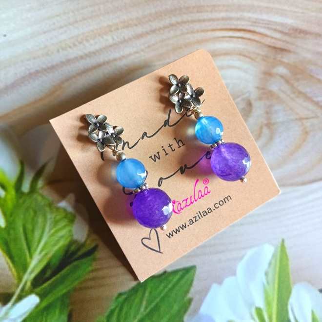 Bue purple drop gemstone antique silver tone earrings