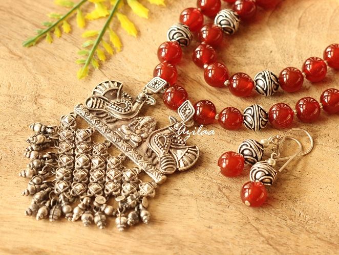 Carnelian Artisan Ganesh Designer Ethnic silver gemstone necklace