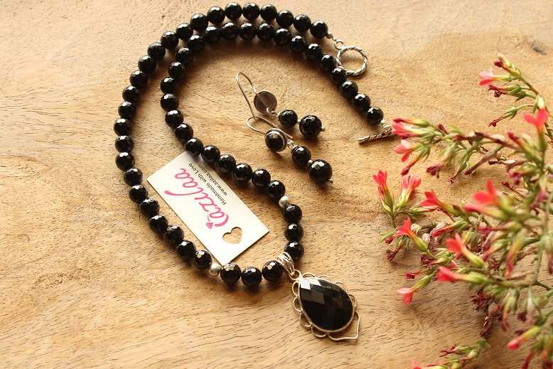 Classic Black onyx drop pendant gemstone necklace set