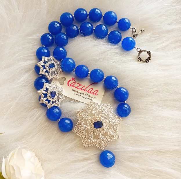 Classic flower crystal CZ Blue gemstone necklace earrings