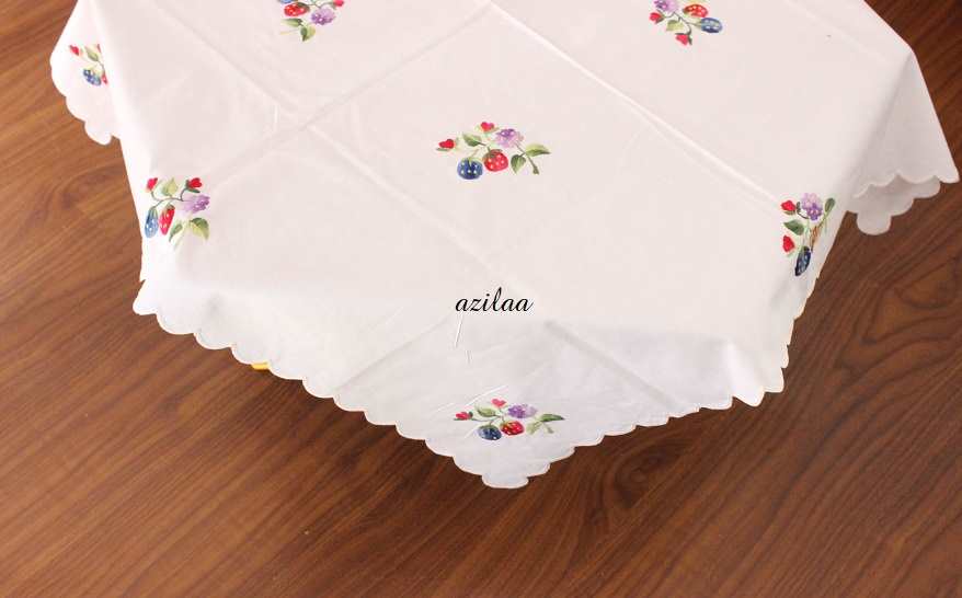 Classic strawberries white cotton hand embroidered table cloth 01