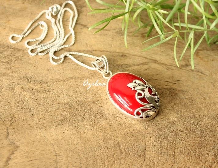 Coral Red gemstone sterling silver Pendant Chain