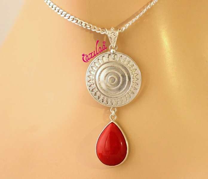 Coral Red gemstone sterling silver Pendant Chain