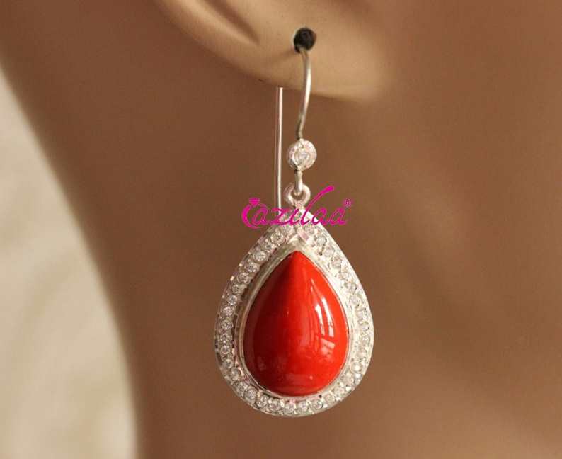 Coral red earrings, Designer sterling silver earrings
