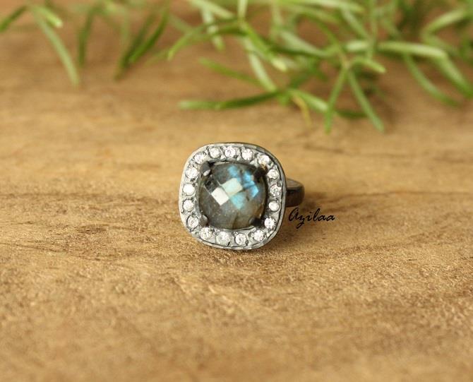 Cushion Labradorite zircon sterling silver artisan handmade ring