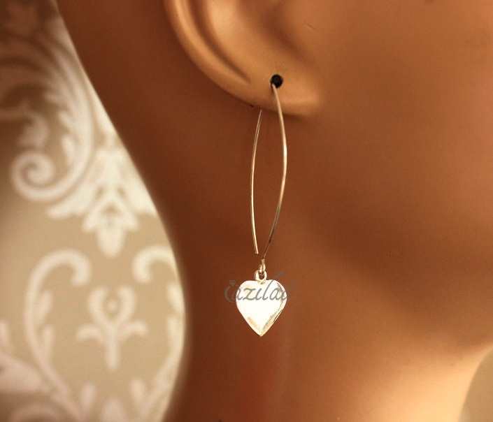 Cute heart charm  sterling silver Long dangler earrings