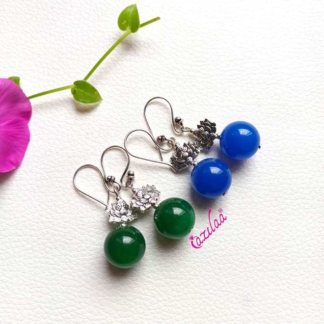 Dainty Green gemstone beaded antique silver tone earrings