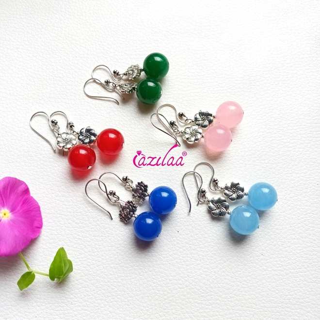 Dainty blue gemstone beaded antique silver tone earrings