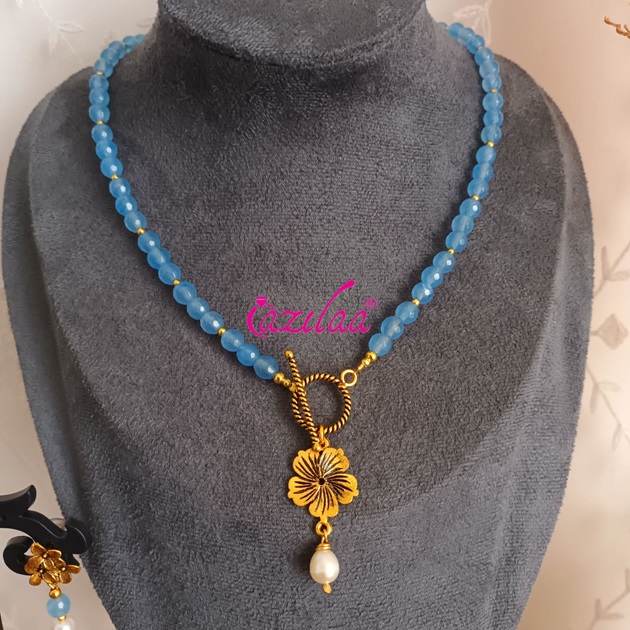 Dainty light blue beaded charm necklace earrings set