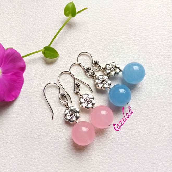 Dainty pink gemstone beaded antique silver tone earrings