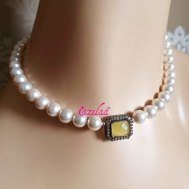 Dainty white pearl CZ yellow pendant necklace earrings
