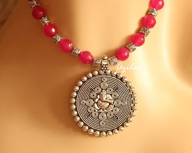 Dark Pink Ganesha gemstone artisan handmade necklace set