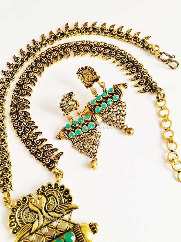 Dark green peacock Statement handmade necklace set