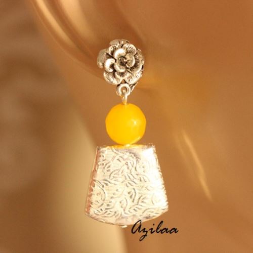 Flower post Designer silver Yellow gemstone earrings at ?1050 Azilaa