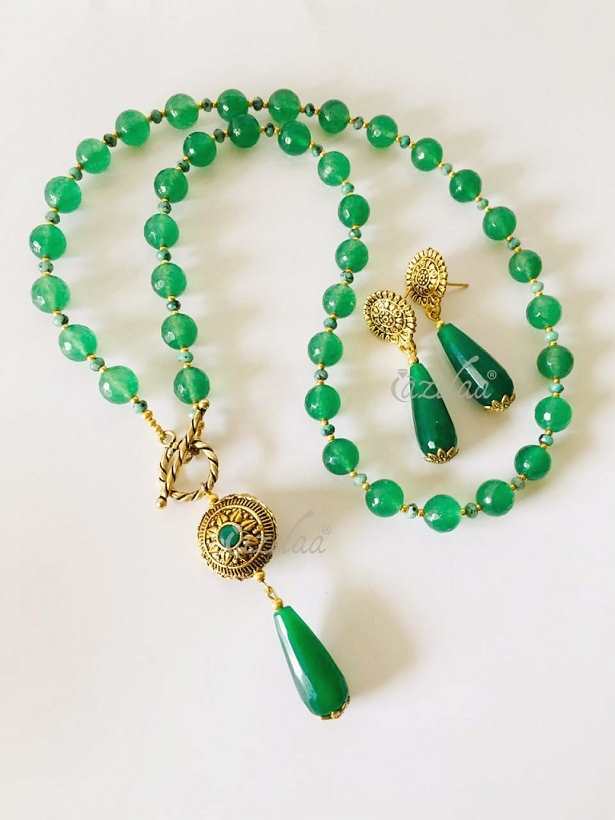 Designer green necklace earrings Antique gold necklace set