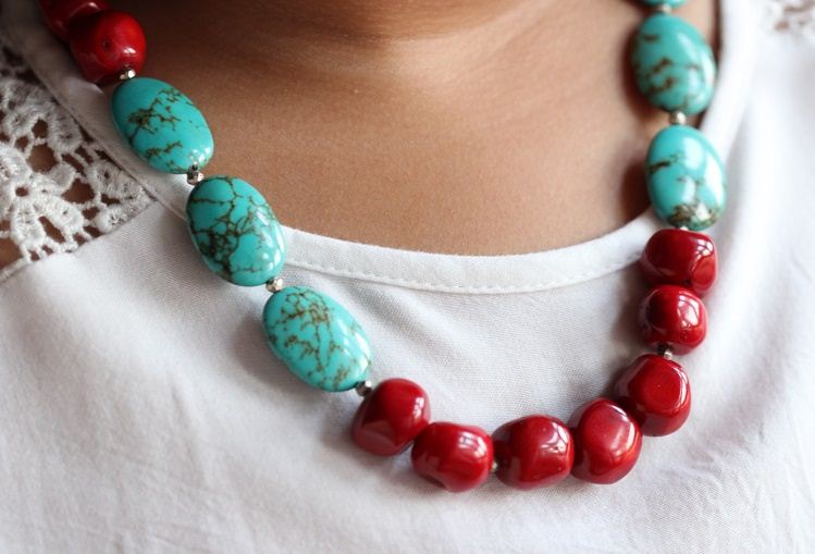 Designer Natural turquoise red coral gemstone handmade necklace