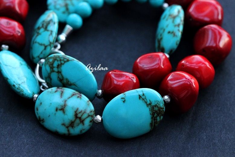 Designer Natural turquoise red coral gemstone handmade necklace