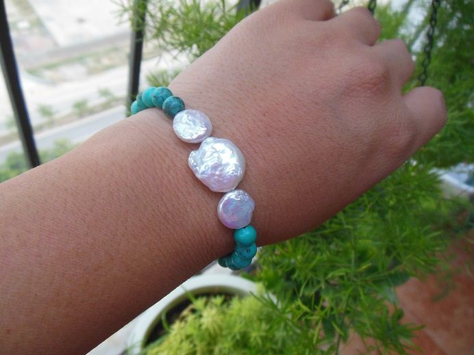 Pearl turquoise gemstone silver bracelet, designer bracelet