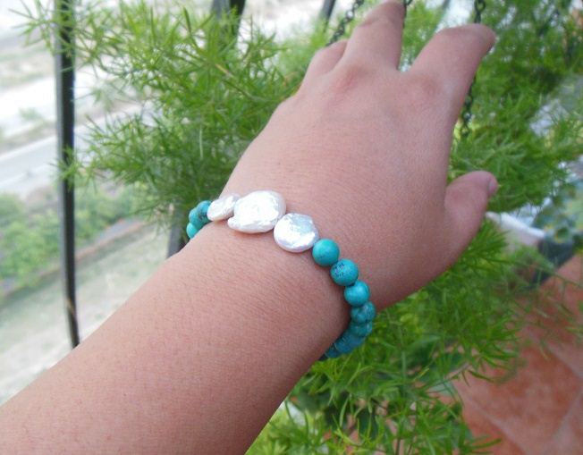 Pearl turquoise gemstone silver bracelet, designer bracelet