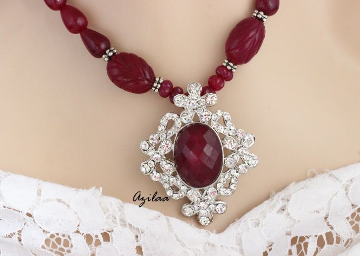 Designer Ruby Quartz Handmade Beaded Necklace Earrings Set