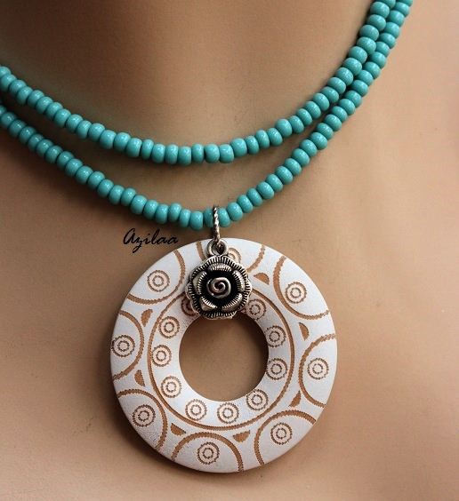 Designer Tribal  White Blue Pendant necklace 