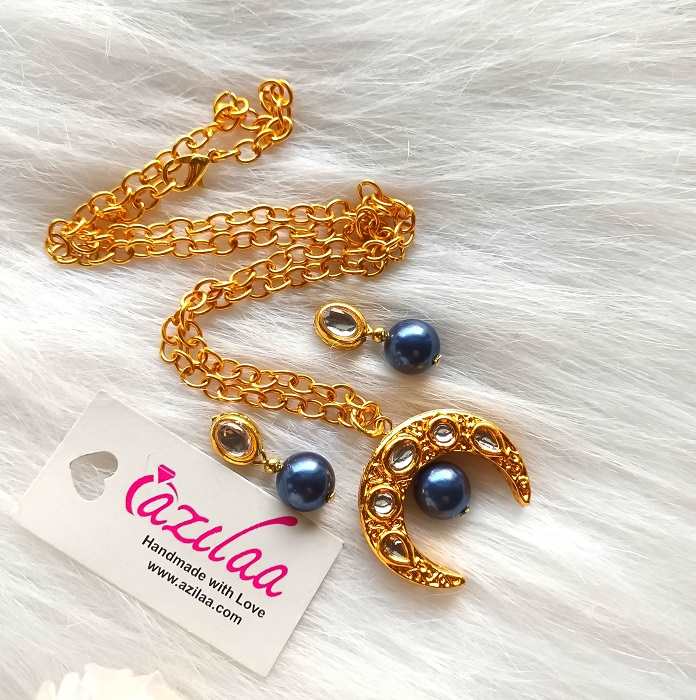 Designer boho Golden moon pendant blue pearl earrings set