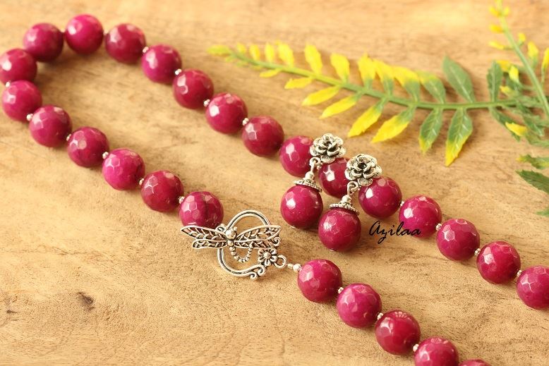 Designer ruby Pink agate gemstone artisan handmade necklace set