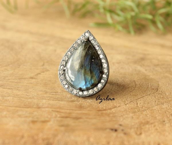 Drop Labradorite zircon sterling silver artisan handmade ring