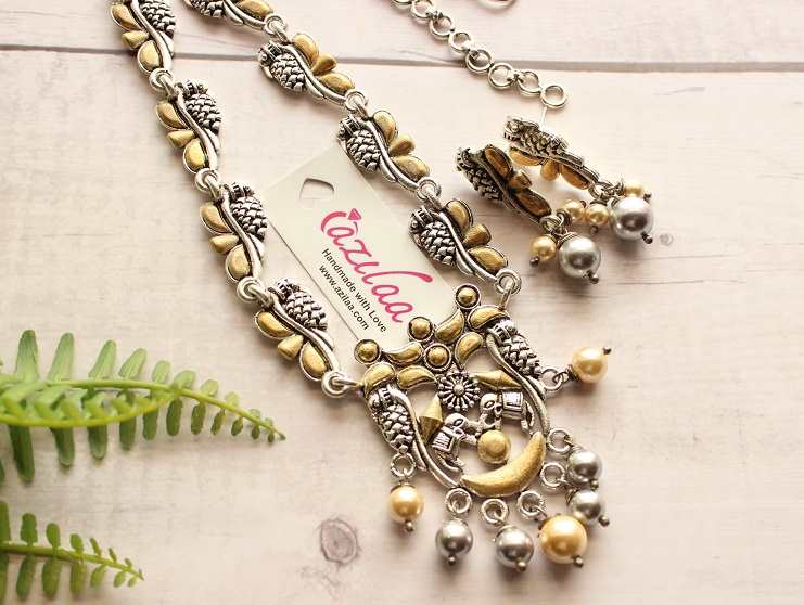 Dual tone parrot silver gold tone pearl necklace earrings set