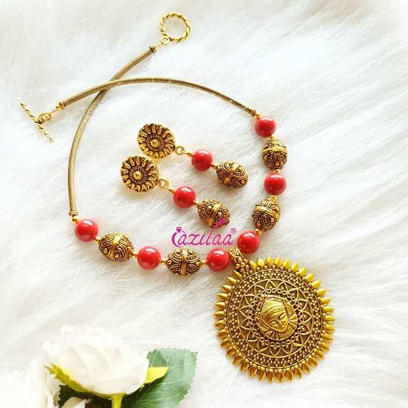 Durga maa pendant choker necklace red pearl earrings