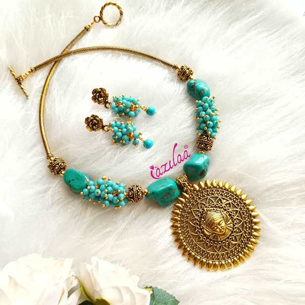 Durga maa pendant choker turquoise necklace earrings set