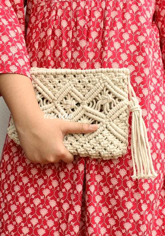 Eco friendly macrame handmade off white purse bag