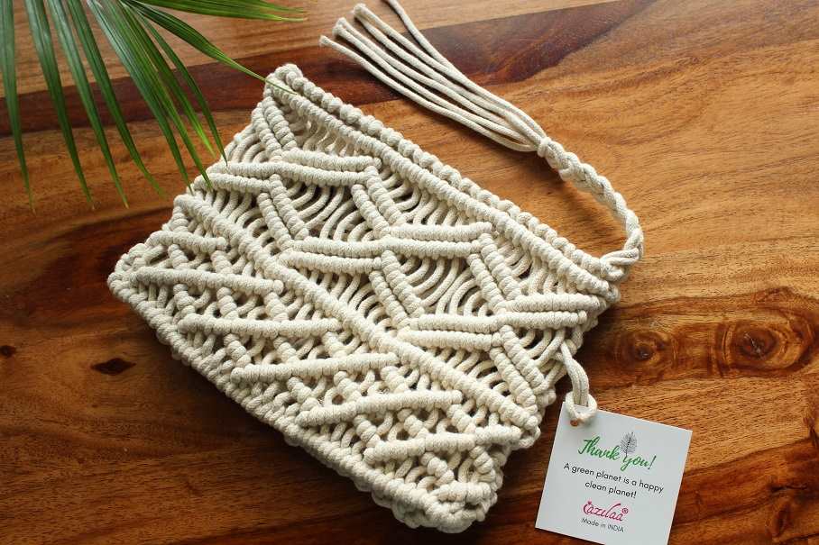 Eco friendly macrame handmade off white purse bag