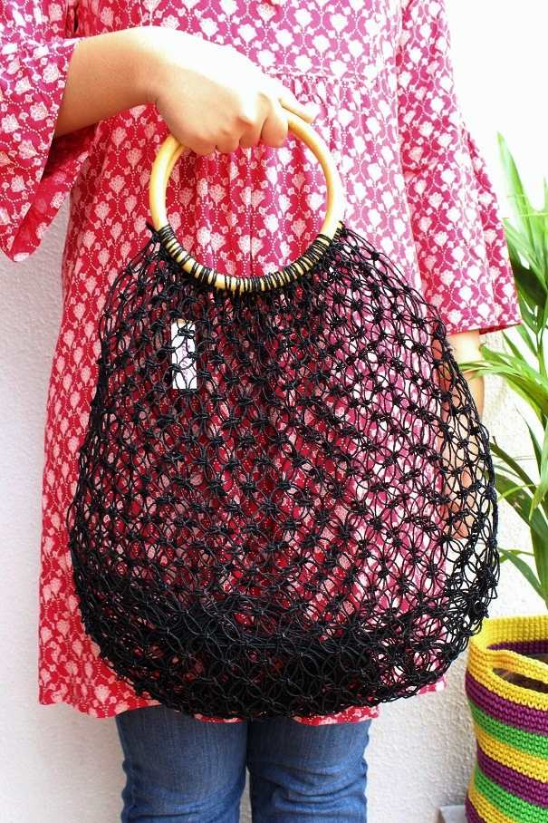 Eco friendly sustainable handmade natural fiber black bag