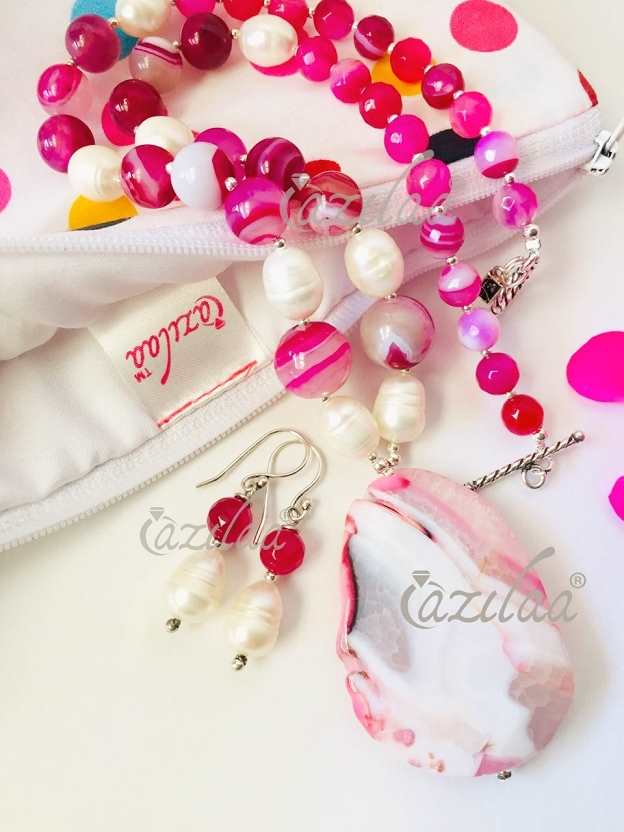 Elegant OOAK pearl pink agate gemstone handmade necklace set
