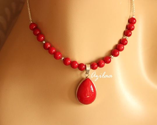 Elegant Red coral gemstone silver pendant necklace