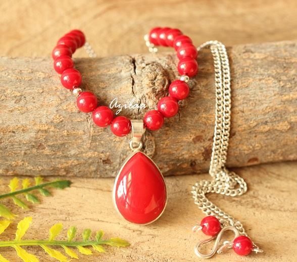 Elegant Red coral gemstone silver pendant necklace