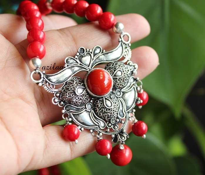 Elegant Red coral gemstone silver pendant necklace set