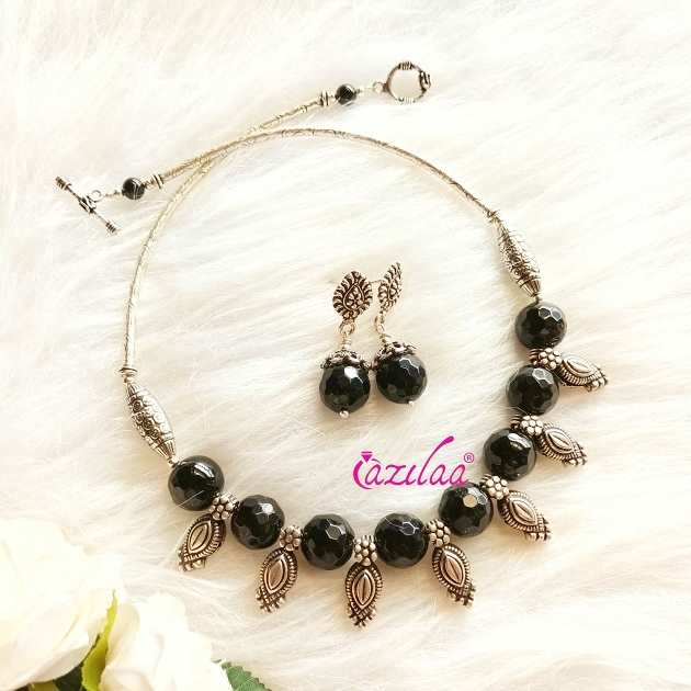 Ethnic Black beaded gemstone choker necklace set