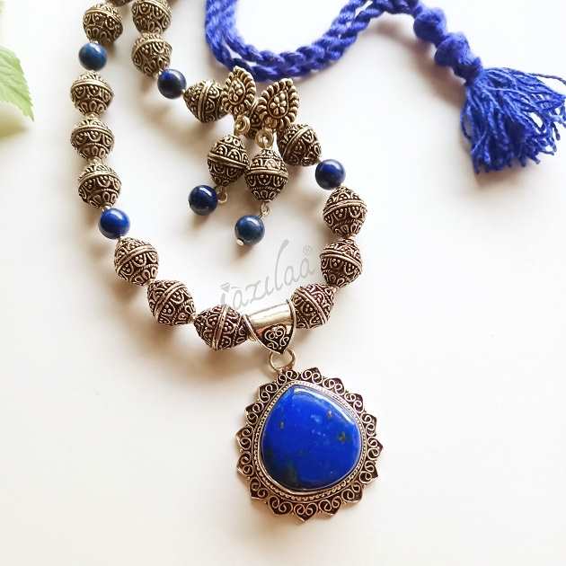 Ethnic Blue Lapis lazuli Gemstone pendant handmade necklace set