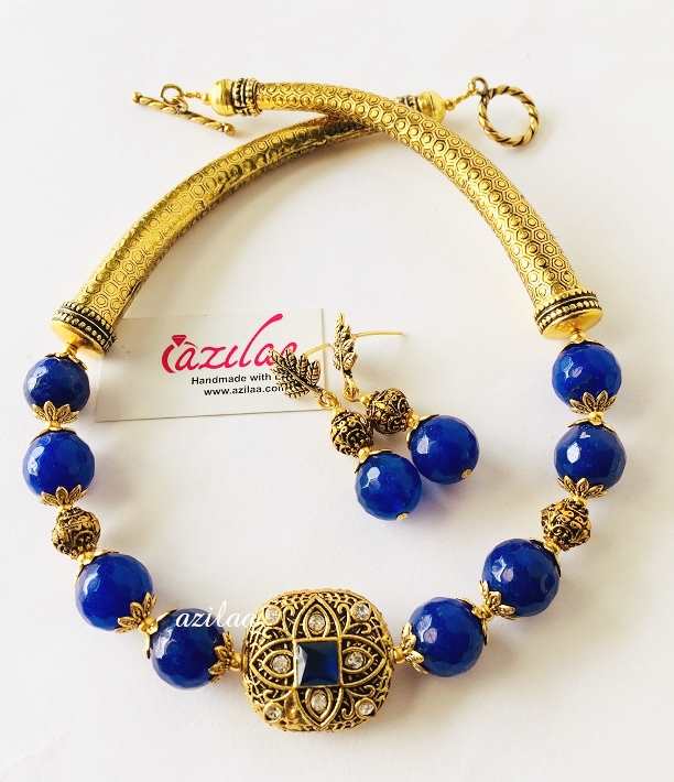 Ethnic Blue gemstone beaded necklace set 