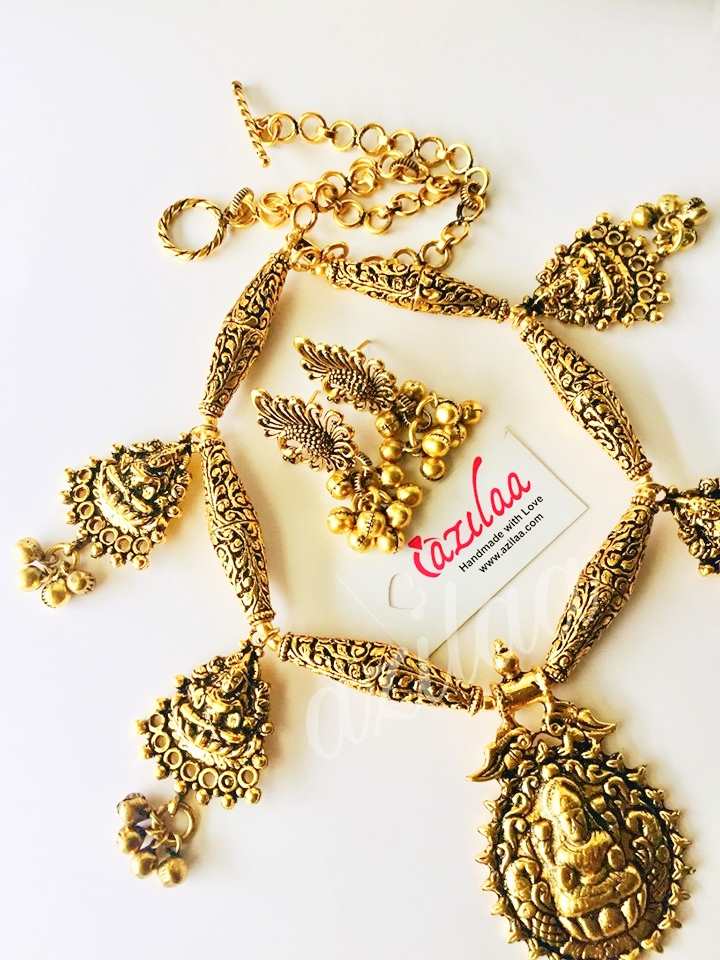 Ethnic Goddess Laxmi antique gold tone necklace set at ₹4450 | Azilaa