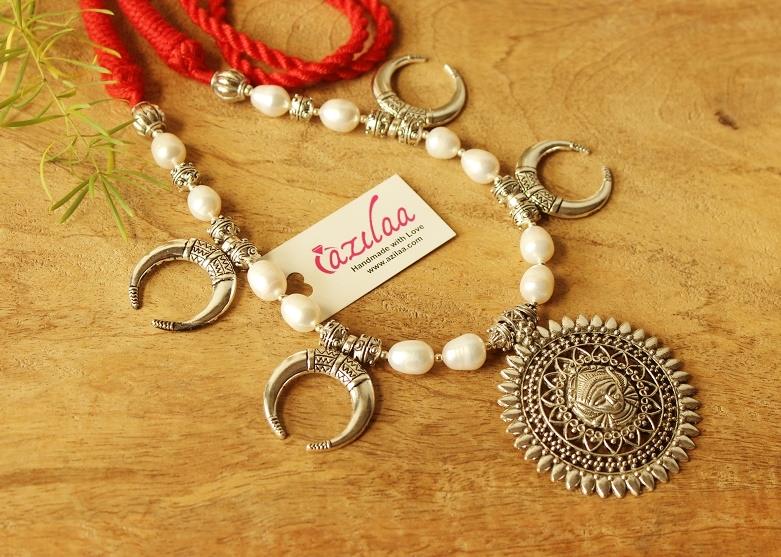 Ethnic Goddess Maa white pearl handmade necklace set