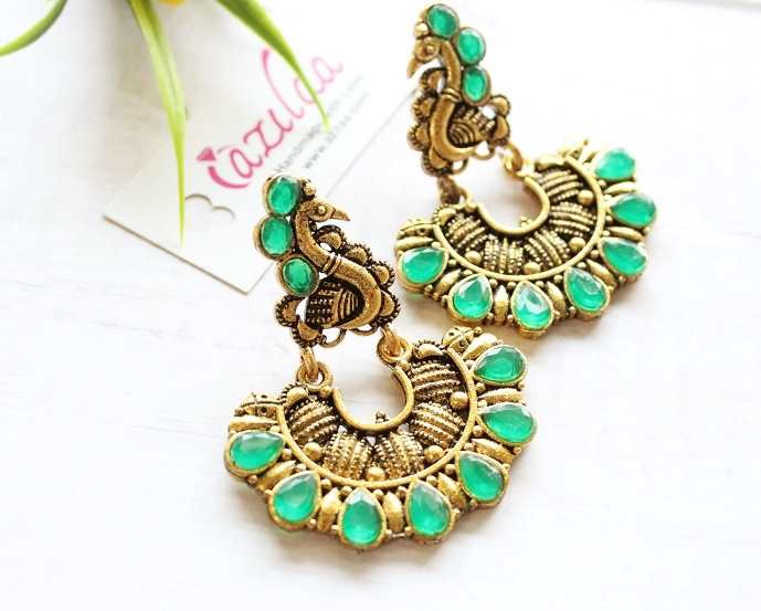 Ethnic Green Peacock Antique Gold tone earrings