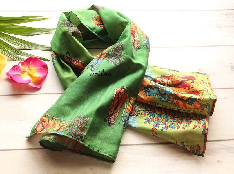 Ethnic Madubani art green Tusser silk scarf