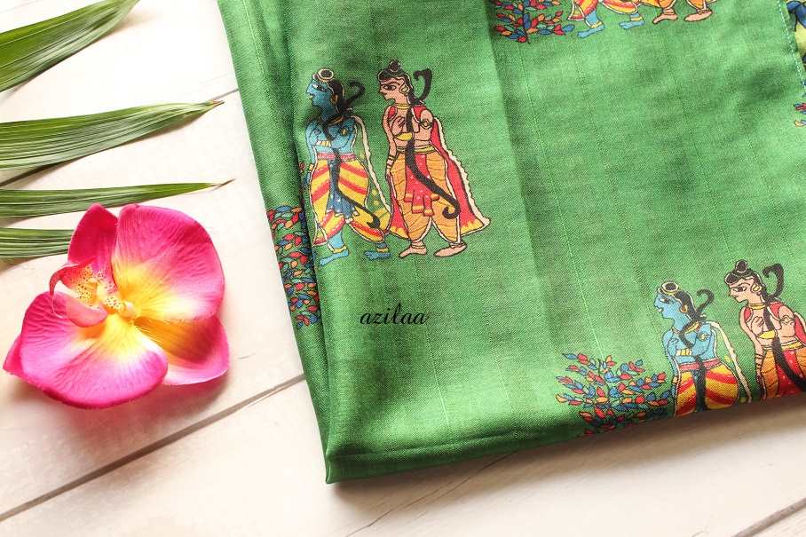 Ethnic Madubani art green Tusser silk scarf