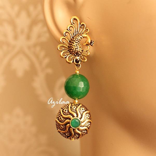 Ethnic Peacock earrings green gemstone gold tone Earrings