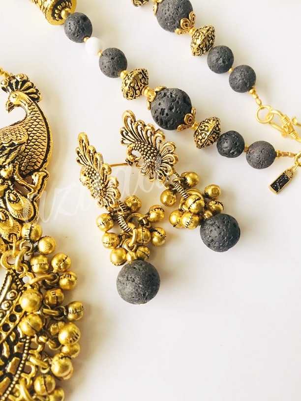 Ethnic Peacock lava gemstone antique gold tone necklace set